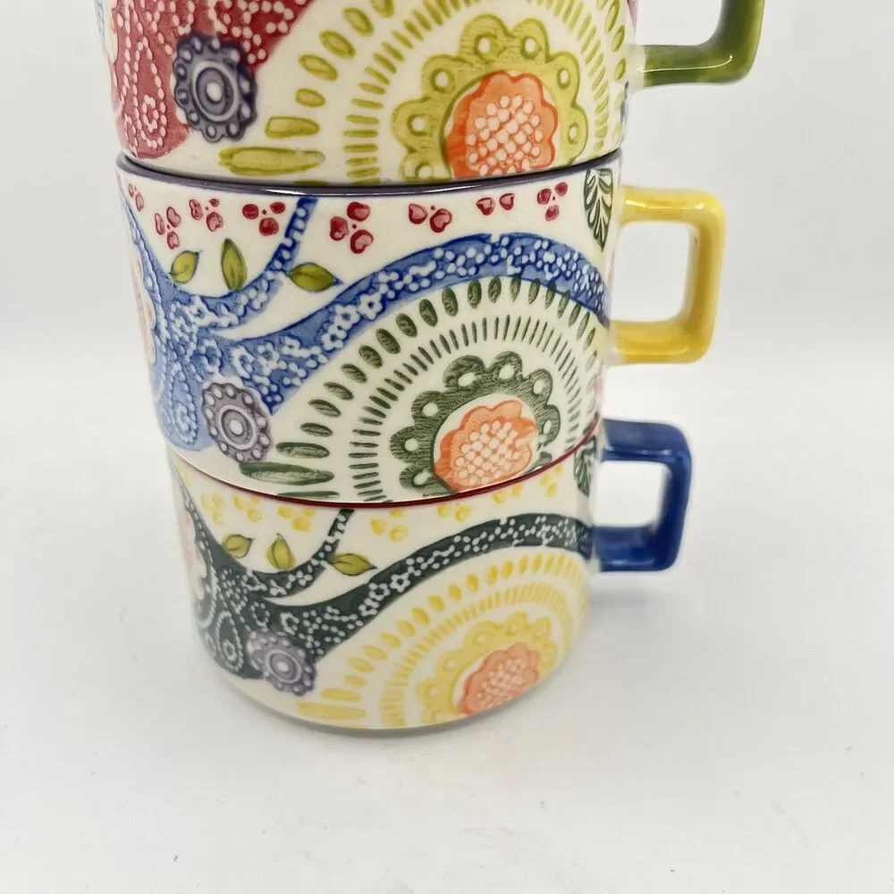 Set Of 4 PIER 1 Paisley Stackable Coffee Tea Mugs Stoneware Hand Painted Boho